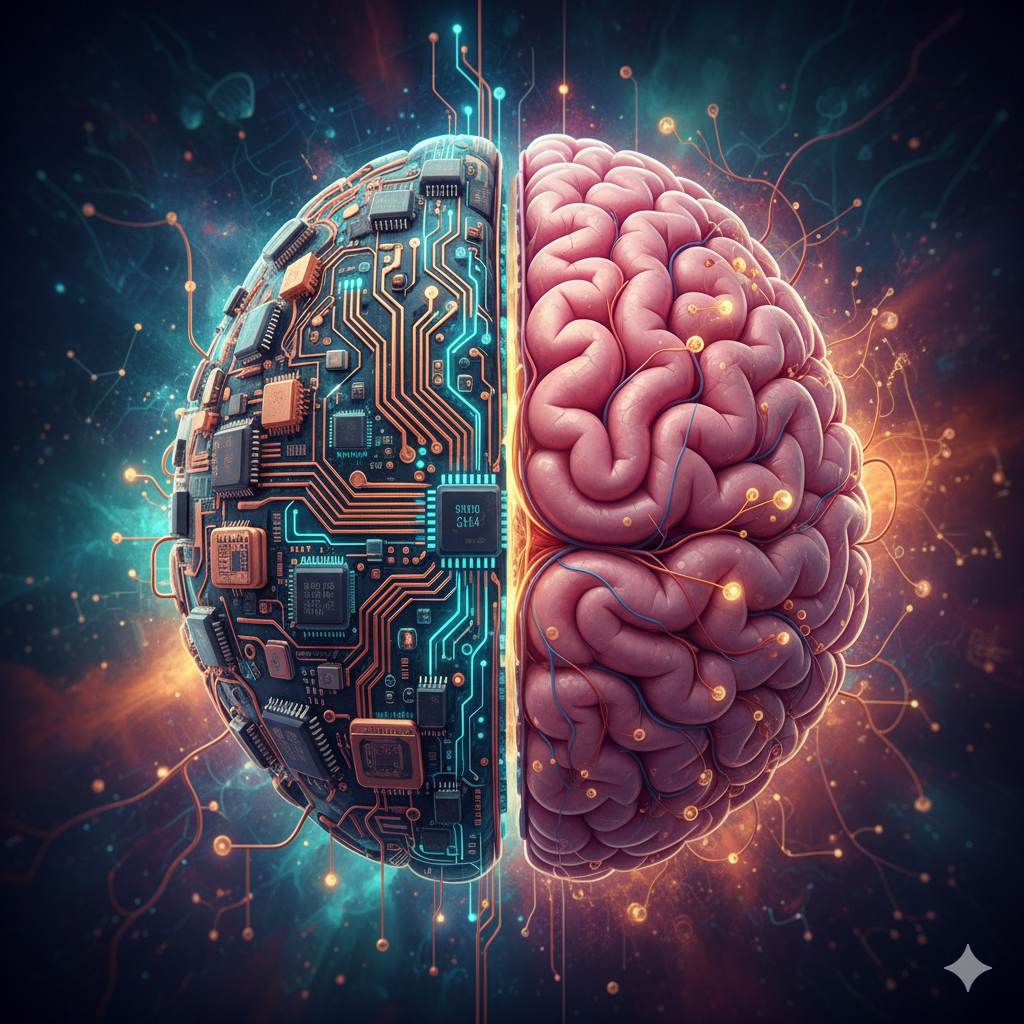 Stylized image of a brain with half being circuit board and half being organic